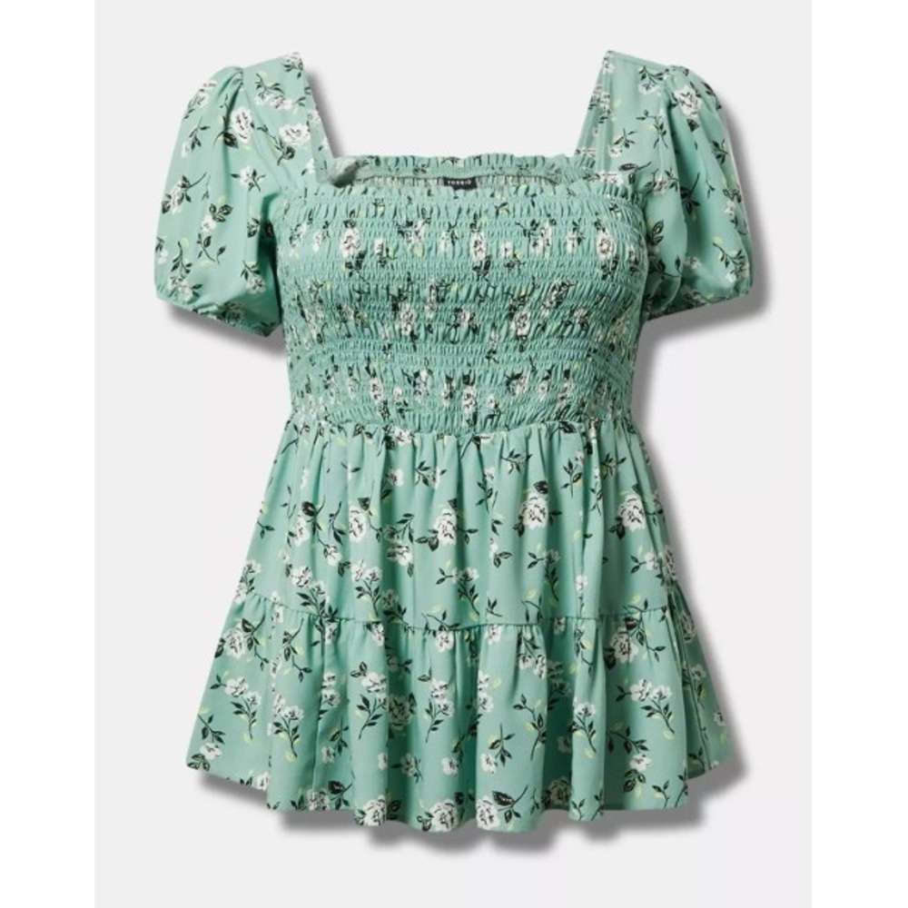 Torrid Babydoll Challis Smocked Top Dancing Floral Granite Green Size 0 L 12